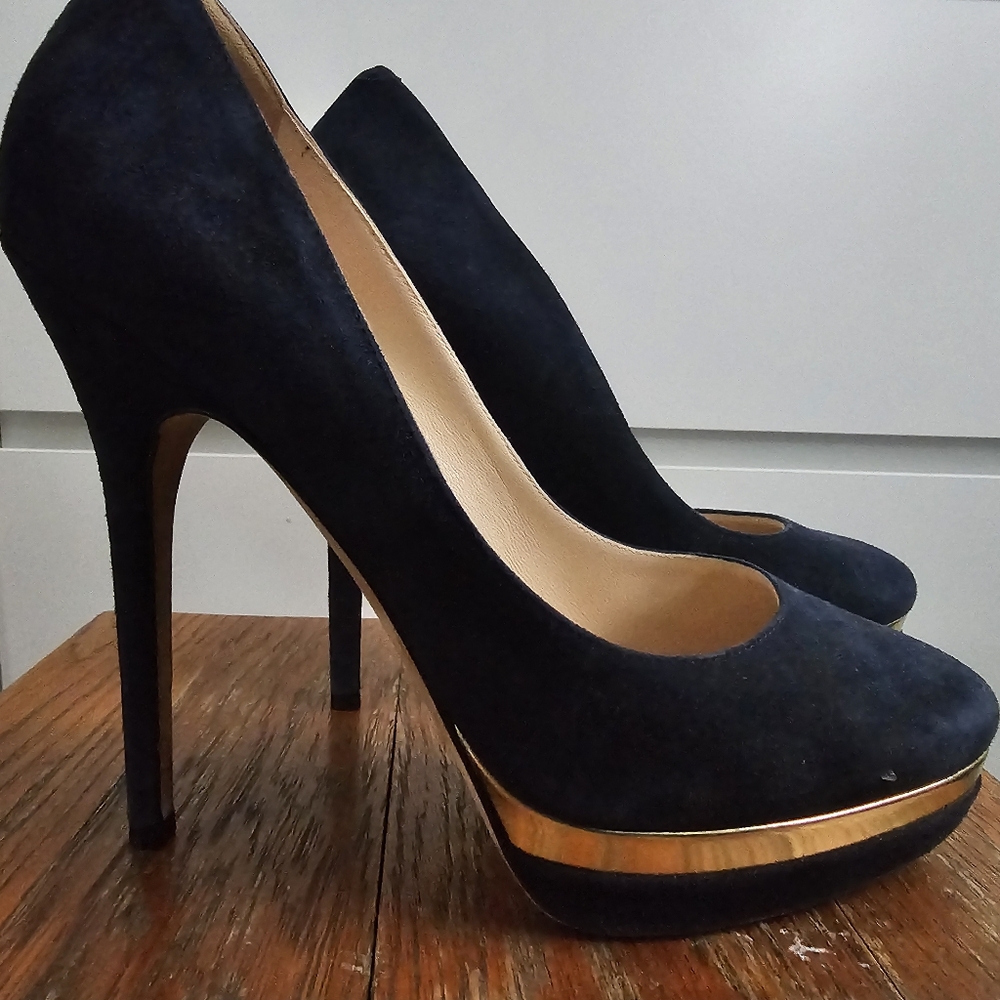 Jimmy Choo Navy/Gold Stiletto Heels Suede/Leather